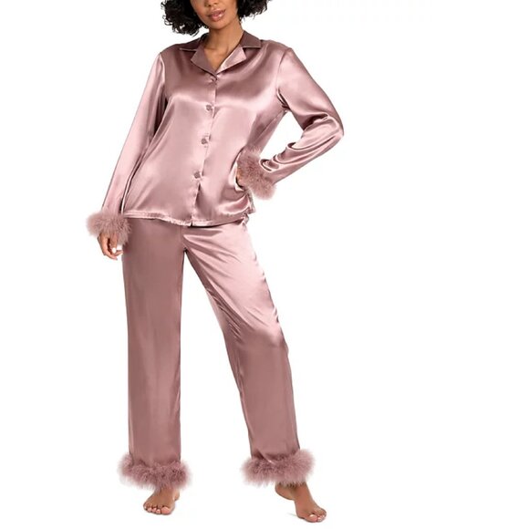 new MINK-color Linea Donatella Women's Marabou Feather-Trimmed Satin Pajamas - Picture 1 of 7